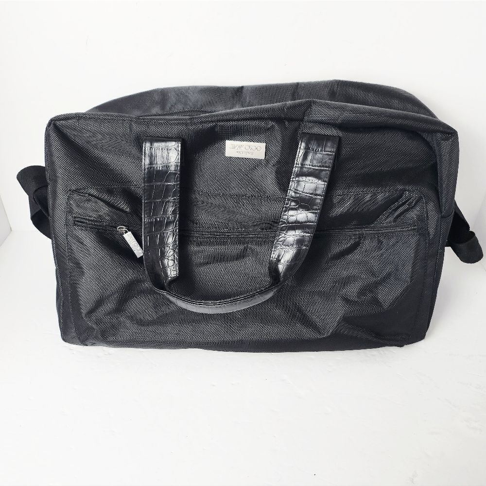 Jimmy Choo Parfums Duffle Bag Crocodile Embossed Handles Black 17x11x7.5 Unisex
